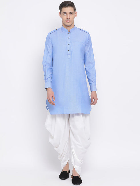 Vastramay Men's Blue Cotton Blend Kurta and Dhoti Set